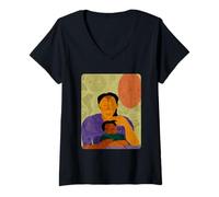 Donna Madre e Figlio | Bold Abstract & Expressive Character Art Maglietta con Collo a V