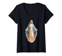 Donna Madre Maria Braccia Aperte Stile Devozionale Design Sacro Maglietta con Collo a V