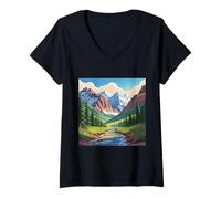 Donna Maestosa Valle di Montagna, Arte, Cime innevate, ruscello di pini Maglietta con Collo a V