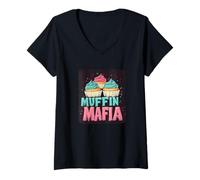 Donna Mafia Costume Muffin per Gli Amanti di Dolci e Torte Maglietta con Collo a V