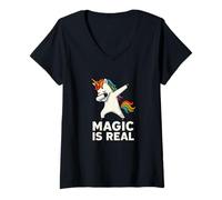 Donna Magic Is Real Unicorn Positivity Graphics Maglietta con Collo a V