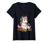 Donna Magico Unicorno Video Gamer Controller PC Console Gaming Maglietta con Collo a V