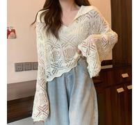 Donna Maglia Camicetta Top Corto Svasato Manica Lunga Traforato Trasparente