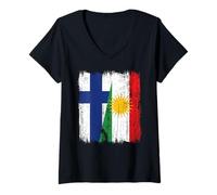 Donna Maglia Finlandia Kurdistan Half Flag Finlandese Kurdish Heritage Jersey Maglietta con Collo a V