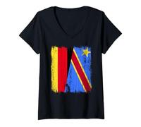 Donna Maglia Germania Congo Mezza Bandiera Tedesca Congolese Pride Maglietta con Collo a V