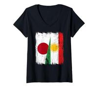Donna Maglia Giapponese Kurdistan Half Flag Japanese Kurde Heritage Maglietta con Collo a V