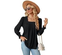 Donna Maglietta a Maniche Lunghe Sbuffo Top Donna Eleganti Bluse T Shirt Tops a Collo Quadrato Basic Maglia Manica Lunga Donna Pieghe Elegante Shirt Top Scollo a Quadrato Casual