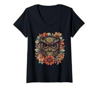 Donna Maglietta Boho Owl - Floral Sugar Skull Mandala Art Design Maglietta con Collo a V