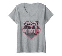 Donna Maglietta Chicago Heart - Vintage USA Chicago Skyline Travel Maglietta con Collo a V