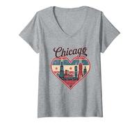 Donna Maglietta Chicago Heart - Vintage USA Chicago Skyline Travel Maglietta con Collo a V
