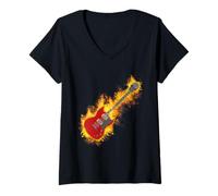 Donna Maglietta con chitarra elettrica rock on fire con paletta a teschio Maglietta con Collo a V