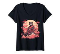 Donna Maglietta con Gatto Giapponese Art Cat Ninja Ukiyo-e Anime Samurai Maglietta con Collo a V