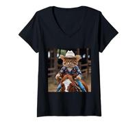 Donna Maglietta con gatto western divertente cowboy Kitty nel recinto Maglietta con Collo a V