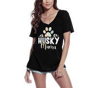 Donna Maglietta con Scollo a V Husky Mamma Zampa - Mamma Amante dei Cani - Husky Mama Paw - Mother Mom Dog Lover - T-Shirt Stampa Grafica Divertente Vintage Idea Regalo Originale alla Moda Nero P