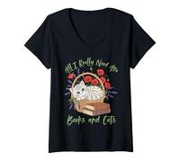 Donna Maglietta con Scritta all I Really Need Are Books And Cats Book Lover Maglietta con Collo a V