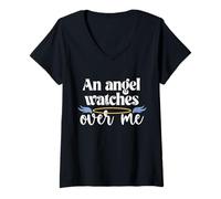 Donna Maglietta con scritta "An Angel Watches Over Me Dad Mom Women Men Kids Grandma Tee Maglietta con Collo a V
