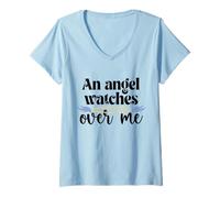 Donna Maglietta con scritta "An Angel Watches Over Me Dad Mom Women Men Kids Grandma Tee Maglietta con Collo a V