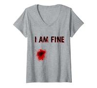 Donna Maglietta con Scritta I am Fine Stabbed Blood Splatter, per Halloween Maglietta con Collo a V