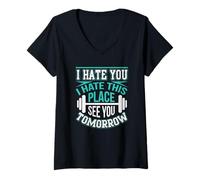 Donna Maglietta con scritta "I hate you I Hate This Place Workout Maglietta con Collo a V