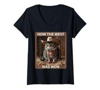 Donna Maglietta con scritta in inglese "How The West Was Was Won", motivo: cowboy Kitty Maglietta con Collo a V