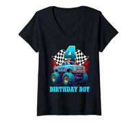 Donna Maglietta con scritta "It's My 4th Birthday" Monster Truck per ragazzo e famiglia Maglietta con Collo a V