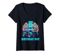 Donna Maglietta con scritta "It's My 5th Birthday" Monster Truck per ragazzo e famiglia Maglietta con Collo a V