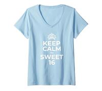 Donna Maglietta con Scritta Keep Calm Birthday Sweet 16 e 16° Festa Maglietta con Collo a V