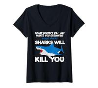 Donna Maglietta con scritta "What Dodoesn't Kill You Make You Stronger Except Sharks" Maglietta con Collo a V