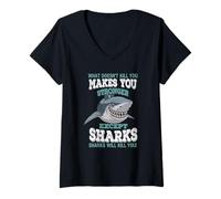 Donna Maglietta con Scritta What Doesnt Kill You Makes You Stronger Except Sharks Maglietta con Collo a V