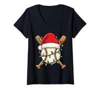 Donna Maglietta da Baseball Natalizia con Cappello di Babbo Natale e luci Maglietta con Collo a V