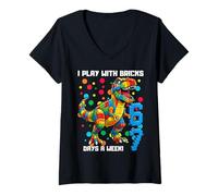 Donna Maglietta Dino con Scritta I Play with Bricks 6", 7 Giorni alla Settimana Maglietta con Collo a V