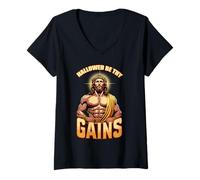 Donna Maglietta divertente con scritta in lingua inglese "Hallowed Be Thy Gains", con Gesù Maglietta con Collo a V