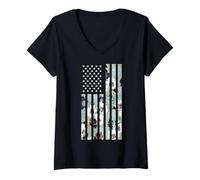 Donna Maglietta Estiva con Bandiera Floreale Americana, Design Grafico con Bandiera USA Maglietta con Collo a V