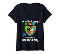 Donna Maglietta Fun Heart Puzzle Mommy Autism Awareness Family Support Maglietta con Collo a V