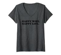 Donna Maglietta Happy Wife Happy Life Maglietta con Collo a V