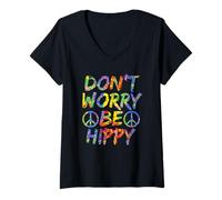 Donna Maglietta hippie con scritta "Don't Worry Be Hippy" Paint Splash Soul Maglietta con Collo a V