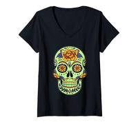 Donna Maglietta Mexican Floral Day Of The Dead Skull Maglietta con Collo a V