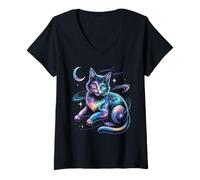 Donna Maglietta Mystical Space Cosmic Cat - Grafica Galaxy Kitten Maglietta con Collo a V
