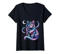 Donna Maglietta Mystical Space Cosmic Cat - Grafica Galaxy Kitten Maglietta con Collo a V