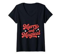 Donna Maglietta Natalizia con Scritta Merry And Magic, per Vacanze in Famiglia Maglietta con Collo a V