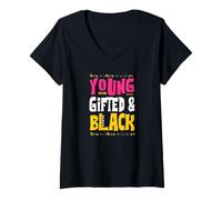 Donna Maglietta Nera con Scritta Young Gifted And Black Maglietta con Collo a V