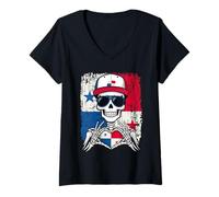 Donna Maglietta Panamanian Pride Skeleton Art Maglietta con Collo a V