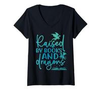 Donna Maglietta per Amanti dei Libri Fantasy Raised By Books And Dragons Maglietta con Collo a V