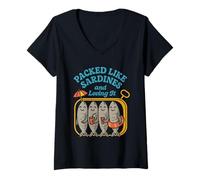 Donna Maglietta Sardine Summer in Latta Coastal Grandma Retro Beach Life Maglietta con Collo a V
