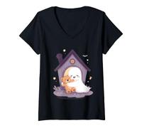 Donna Maglietta Unisex con Scritta Haunted House with Smiling Ghosts Maglietta con Collo a V
