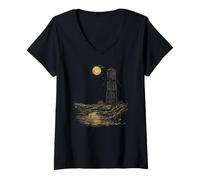 Donna Maglietta vintage con riflessione al chiaro di luna con scena notturna della torre dell'acqua Maglietta con Collo a V