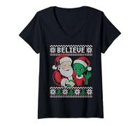 Donna Maglione Believe Santa Alien Ugly Maglietta con Collo a V