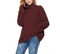 Donna Maglione Collo Alto Elegante Moda Giovane Sciolto Unico Taglie Forti Pullover Casual Monocromo Vita Alta Pullover A Maglia Felpa per Autunno Invernali (Bordeaux,L)