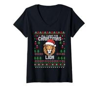Donna Maglione Natalizio con Scritta all I Want for Christmas Is A Lion Ugly Christmas Maglietta con Collo a V
