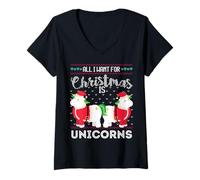 Donna Maglione Natalizio con Scritta all I Want for Christmas Is Unicorns Maglietta con Collo a V